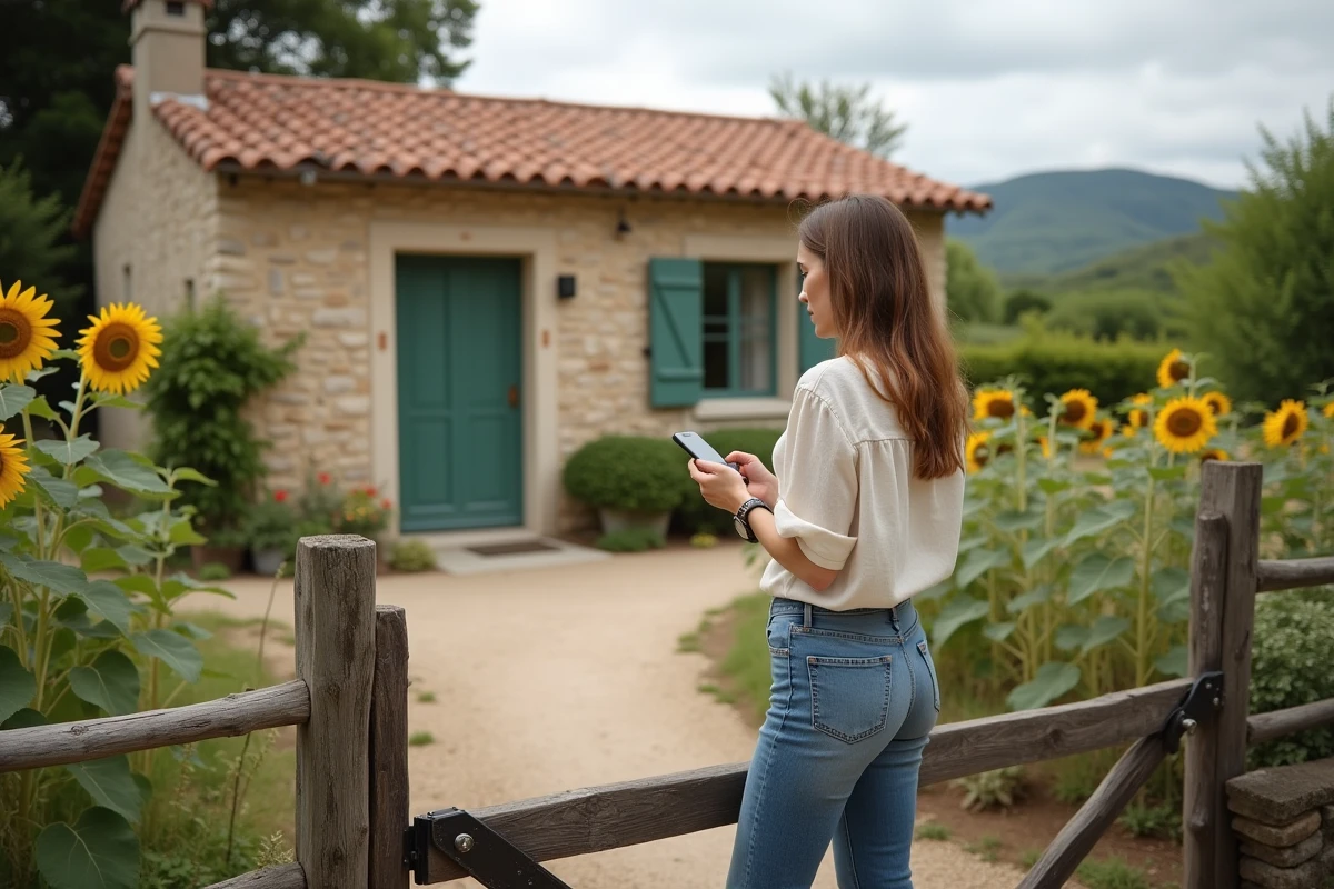 Femme devant une petite maison avec jardin à louer dans le Gers, département 32, cherchant un logement rural en venant de la ville
