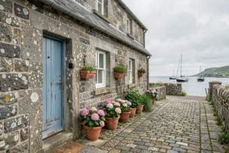 Maison de pêcheur bretonne en pierre avec porte bleue et hortensias roses dans un village côtier calme