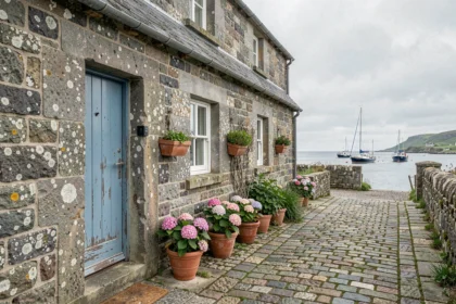 Maison de pêcheur bretonne en pierre avec porte bleue et hortensias roses dans un village côtier calme