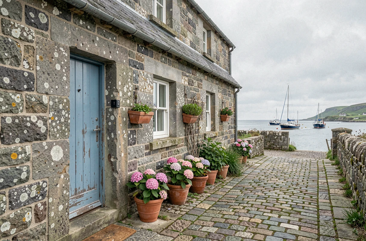 Maison de pêcheur bretonne en pierre avec porte bleue et hortensias roses dans un village côtier calme