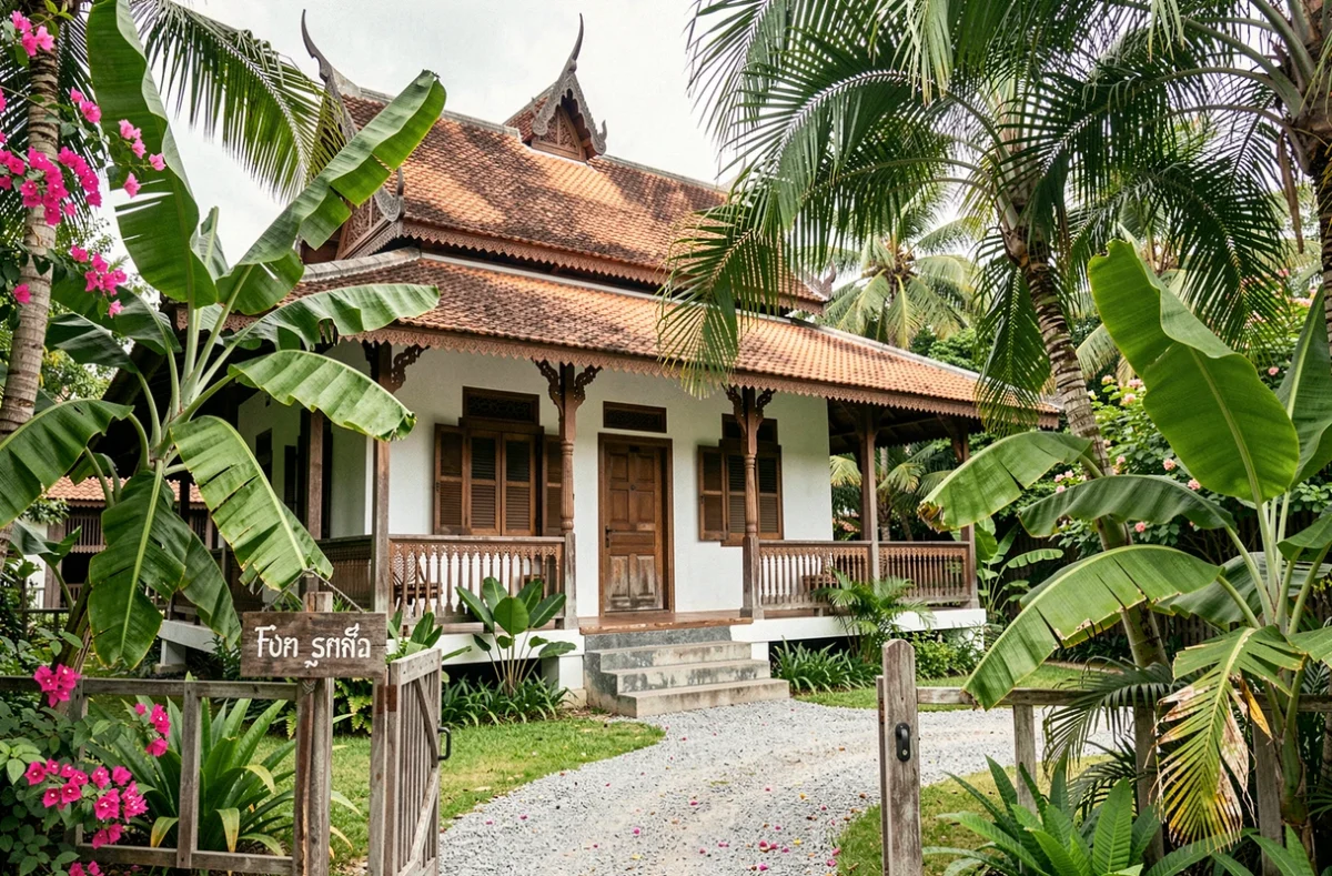 Maison traditionnelle thaïlandaise en bois avec jardin tropical et panneau à vendre, architecture typique du nord de la Thaïlande