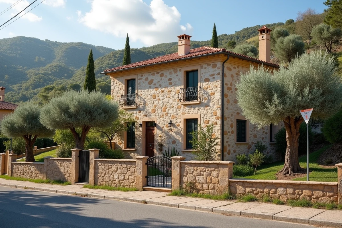 Maison de caractère à vendre sur les coteaux avec jardin arborisé et panneau immobilier
