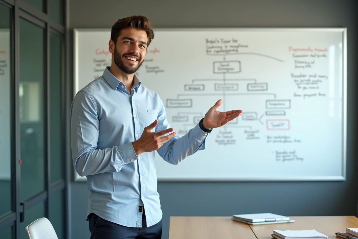 Manager réseau IAD présentant une stratégie de recrutement d'équipe sur un tableau blanc dans une salle de réunion professionnelle