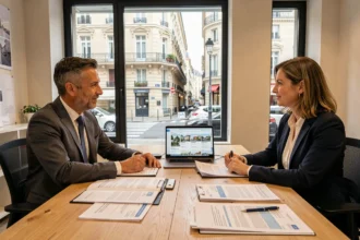 Consultation avec un courtier en prêt immobilier dans le Rhône, vue d'ensemble d'un bureau professionnel à Lyon