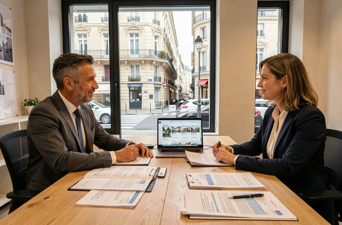Consultation avec un courtier en prêt immobilier dans le Rhône, vue d'ensemble d'un bureau professionnel à Lyon