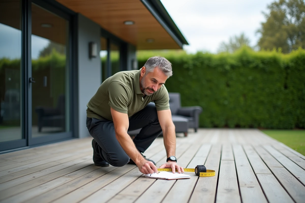 Homme mesurant la superficie d'une terrasse en bois pour le calcul de la taxe foncière