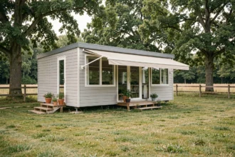 Mobil-home moderne installé sur un terrain constructible en zone rurale française, entouré d'arbres et d'une clôture en bois