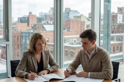 Femme et jeune homme examinant un contrat immobilier