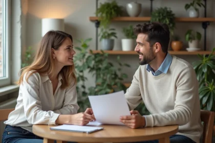 Femme et homme discutent de location dans un appartement lumineux