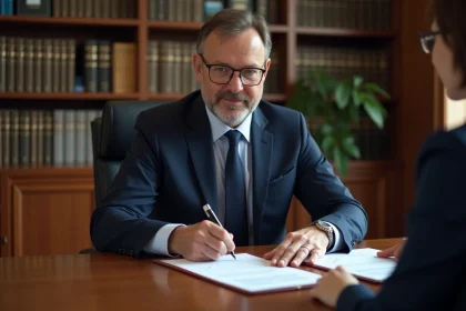 Notaire en costume examinant des documents immobiliers