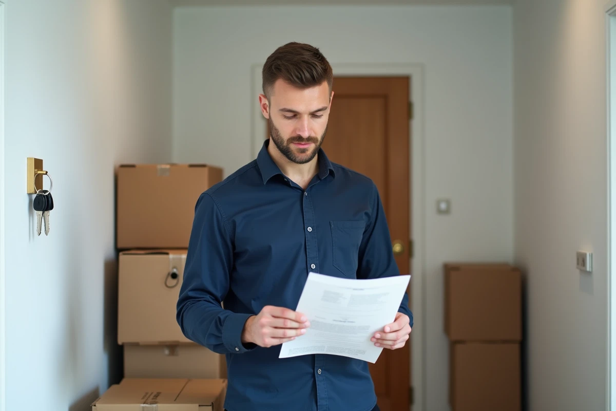 Homme inspectant un contrat EDF dans le couloir d'un appartement nouvellement acquis avec des cartons de déménagement
