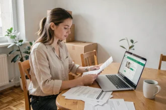 Nouvelle locataire consultant sa plateforme Inli sur un ordinateur portable avec des documents de location sur une table en bois dans un appartement fraîchement emménagé