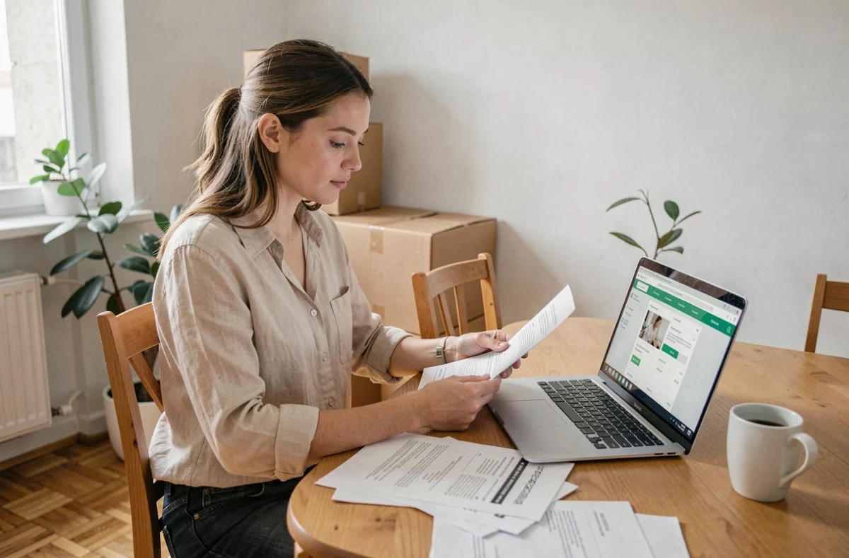 Nouvelle locataire consultant sa plateforme Inli sur un ordinateur portable avec des documents de location sur une table en bois dans un appartement fraîchement emménagé