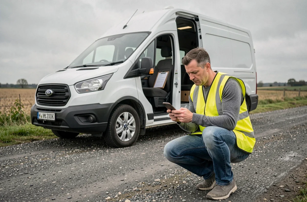 Technicien de terrain gérant ses dossiers Omegasafti depuis son smartphone au bord d'un véhicule utilitaire