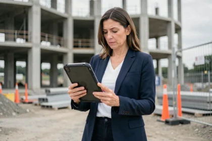 Professionnelle sur chantier consultant des dossiers via une tablette robuste en mobilité avec le logiciel Omegasafti