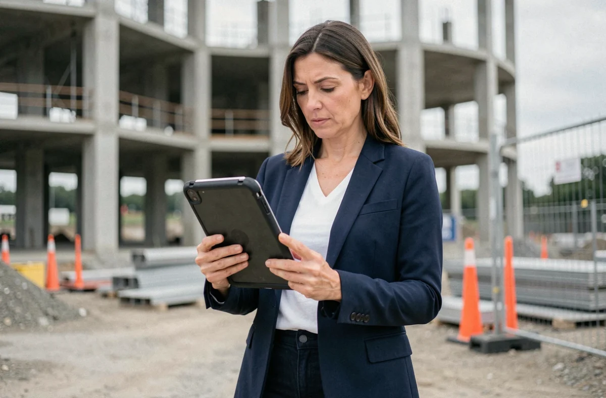 Professionnelle sur chantier consultant des dossiers via une tablette robuste en mobilité avec le logiciel Omegasafti