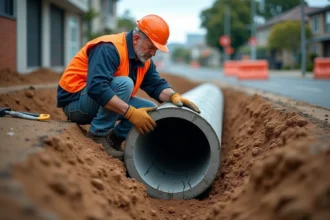 Ouvrier inspectant une conduite en fibrociment exposée lors de travaux de terrassement dans une rue urbaine