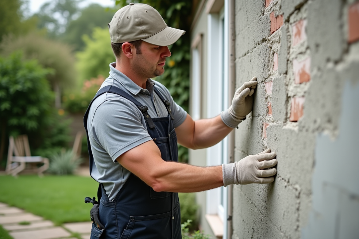 Ouvrier appliquant un enduit neuf sur un mur extérieur ancien
