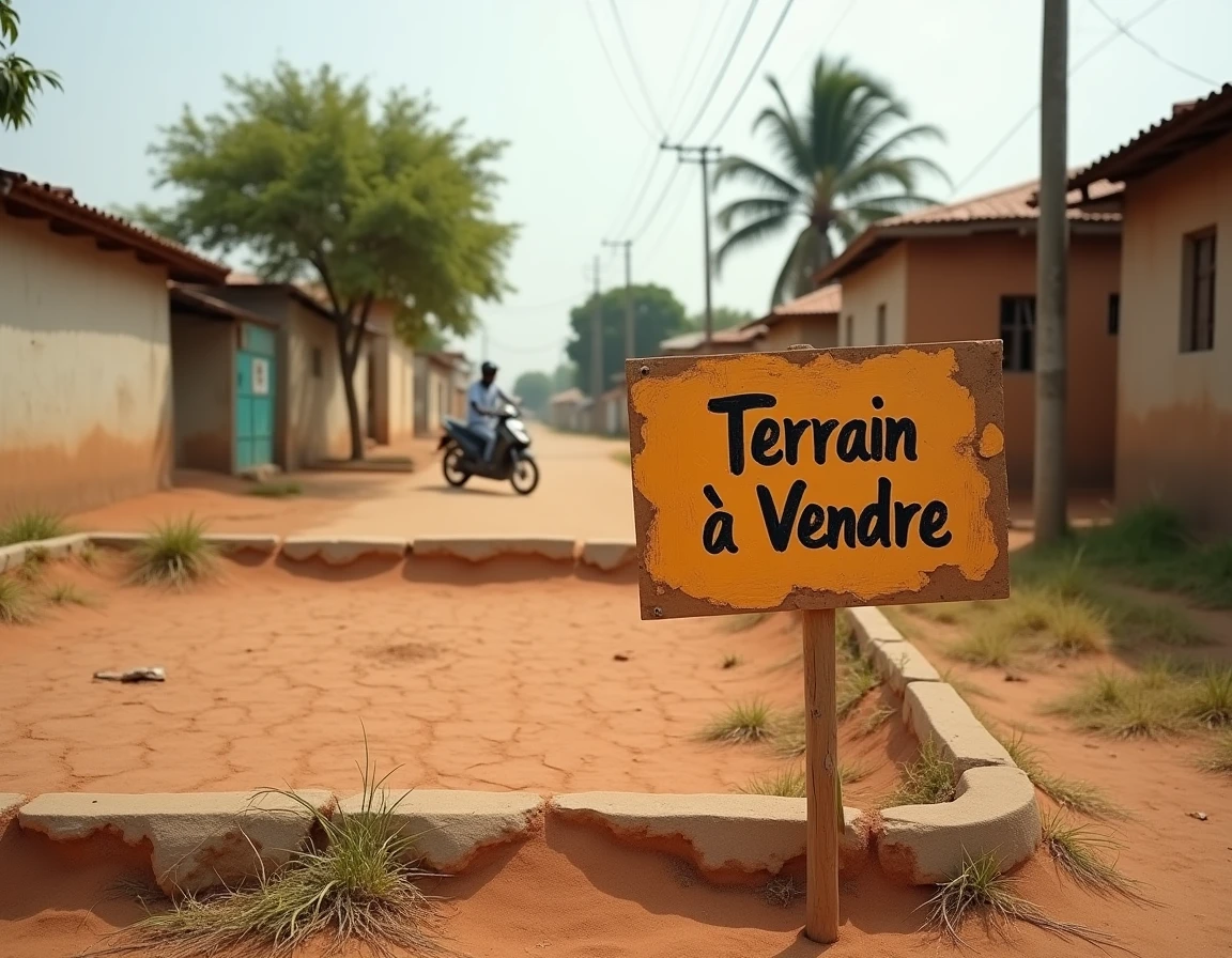 Panneau terrain à vendre planté sur une parcelle de terrain vide dans un quartier péri-urbain au Sénégal