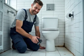 Plombier en combinaison inspectant une fuite d'eau au pied d'une cloison de salle de bain en copropriété