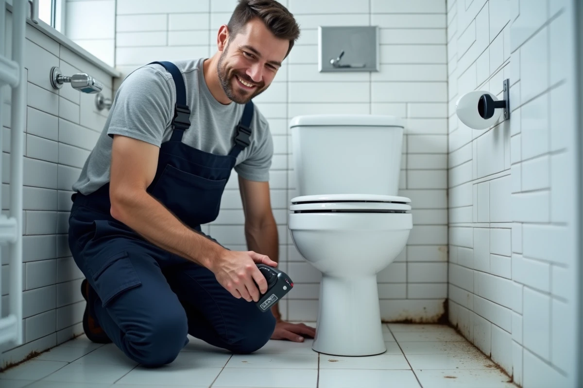 Plombier en combinaison inspectant une fuite d'eau au pied d'une cloison de salle de bain en copropriété