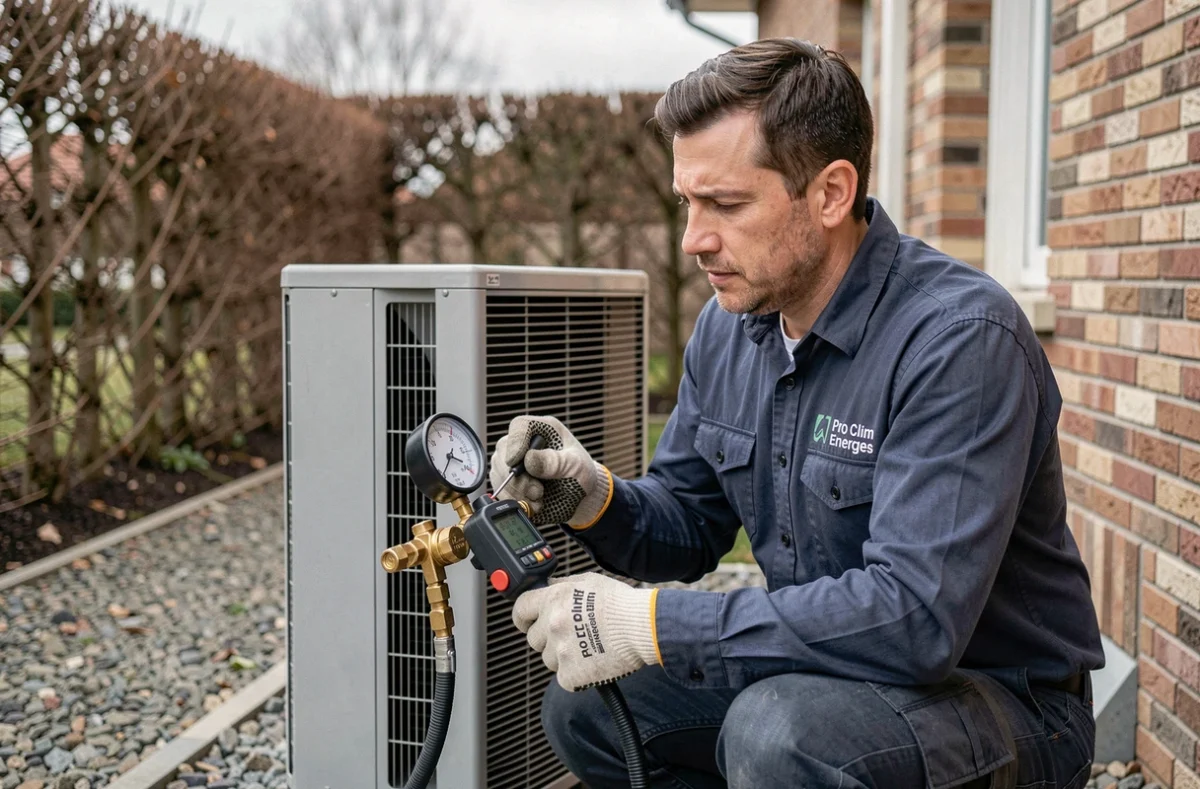 Technicien Pro Clim Energies installant une pompe à chaleur dans le Loiret