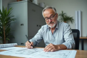 Professionnel de l'urbanisme analysant un certificat d'urbanisme opérationnel avec mentions techniques sur son bureau