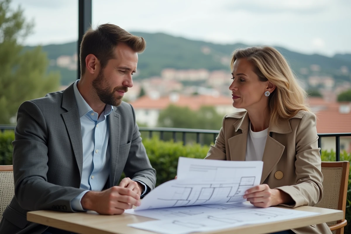 Deux professionnels de l'immobilier étudiant des documents d'investissement avec vue sur les coteaux résidentiels