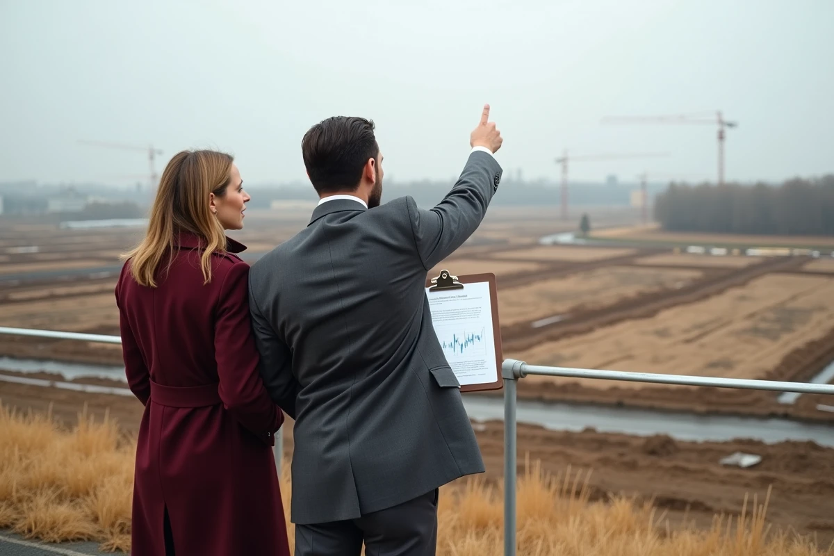 Deux professionnels de l'immobilier observant une zone de développement foncier péri-urbain depuis une plateforme d'observation avec documents d'analyse