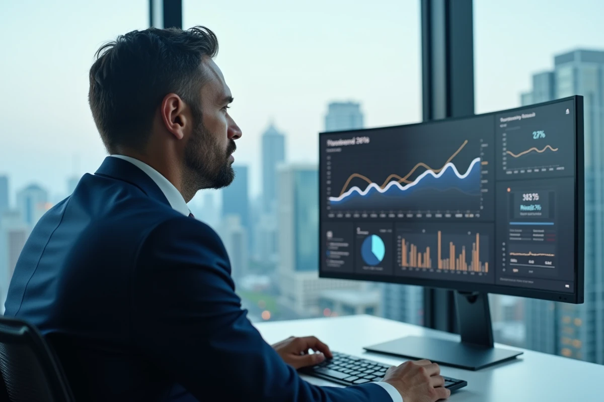 Promoteur immobilier masculin analysant les données ROI d'un logiciel de gestion immobilière sur un écran courbe dans un bureau moderne en hauteur