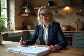 Propriétaire examinant un contrat de location pour tournage dans une cuisine en pierre d'une maison française