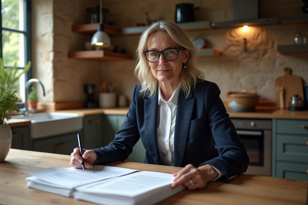 Propriétaire examinant un contrat de location pour tournage dans une cuisine en pierre d'une maison française