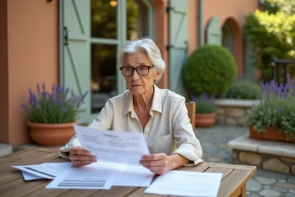 Propriétaire examinant des documents de taxe foncière sur une terrasse en pierre d'une maison française