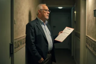 Proprietaire inquiet tenant un avis d'expulsion dans un couloir