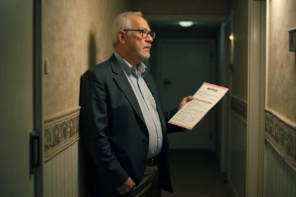 Proprietaire inquiet tenant un avis d'expulsion dans un couloir