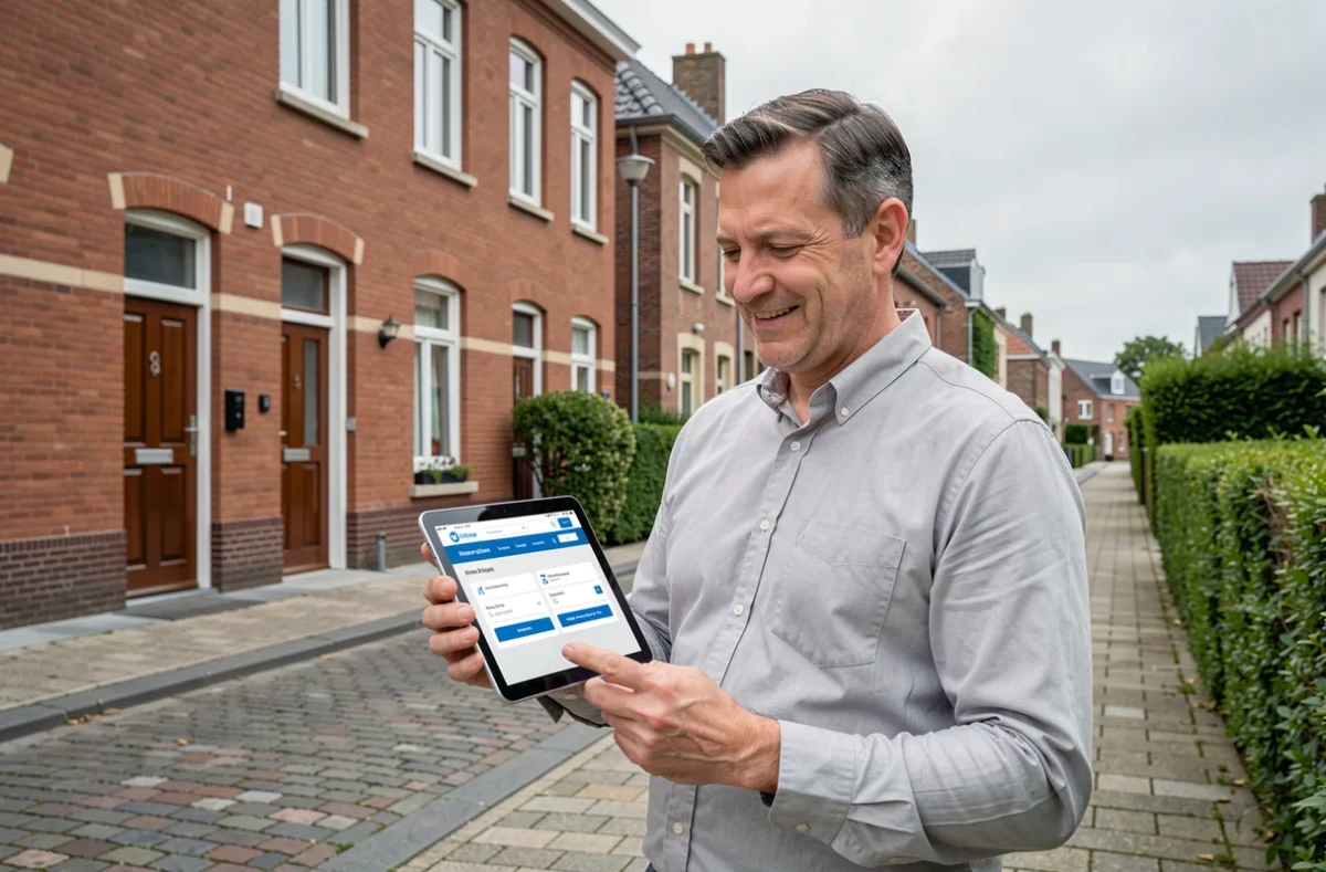 Propriétaire devant sa maison en briques à Valenciennes consultant une assurance habitation sur tablette