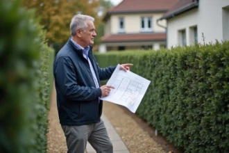 Propriétaire tenant des plans de construction face à un mur de clôture litigieux en limite de propriété dans un jardin résidentiel