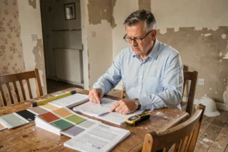 Propriétaire non occupant examinant des documents d'assurance dans un appartement en cours de rénovation