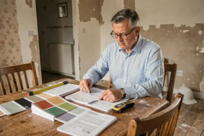 Propriétaire non occupant examinant des documents d'assurance dans un appartement en cours de rénovation