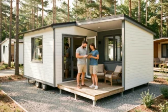 Couple de propriétaires examinant des documents de statut LMNP devant leur mobil-home moderne dans un camping ensoleillé