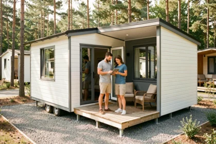 Couple de propriétaires examinant des documents de statut LMNP devant leur mobil-home moderne dans un camping ensoleillé
