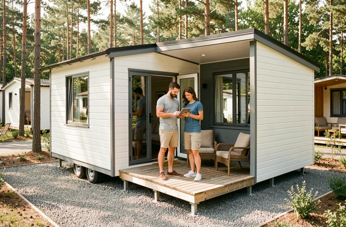 Couple de propriétaires examinant des documents de statut LMNP devant leur mobil-home moderne dans un camping ensoleillé