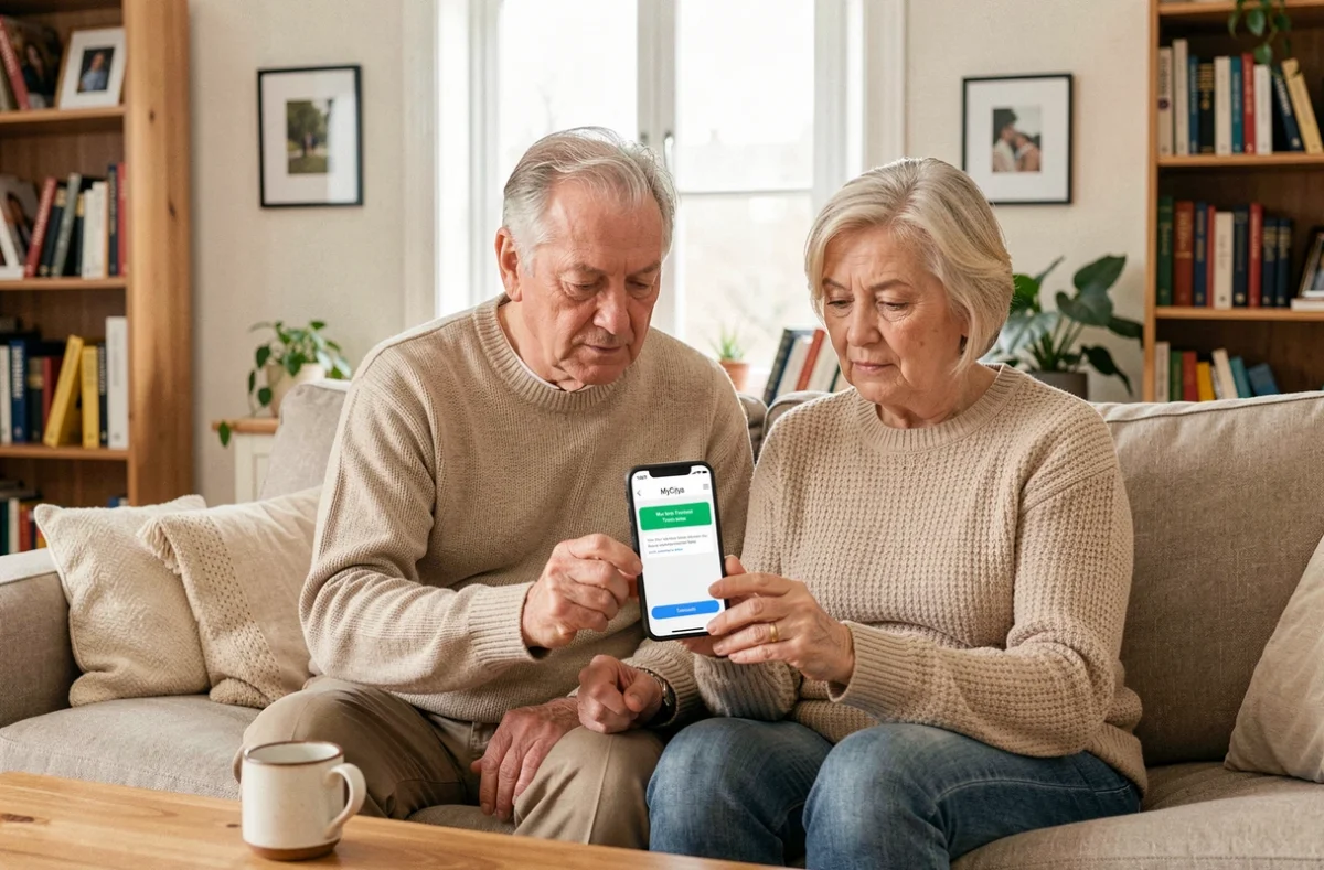 Couple de propriétaires consultant les notifications de suivi de sinistre sur l'application mobile MyCitya espace client dans leur salon