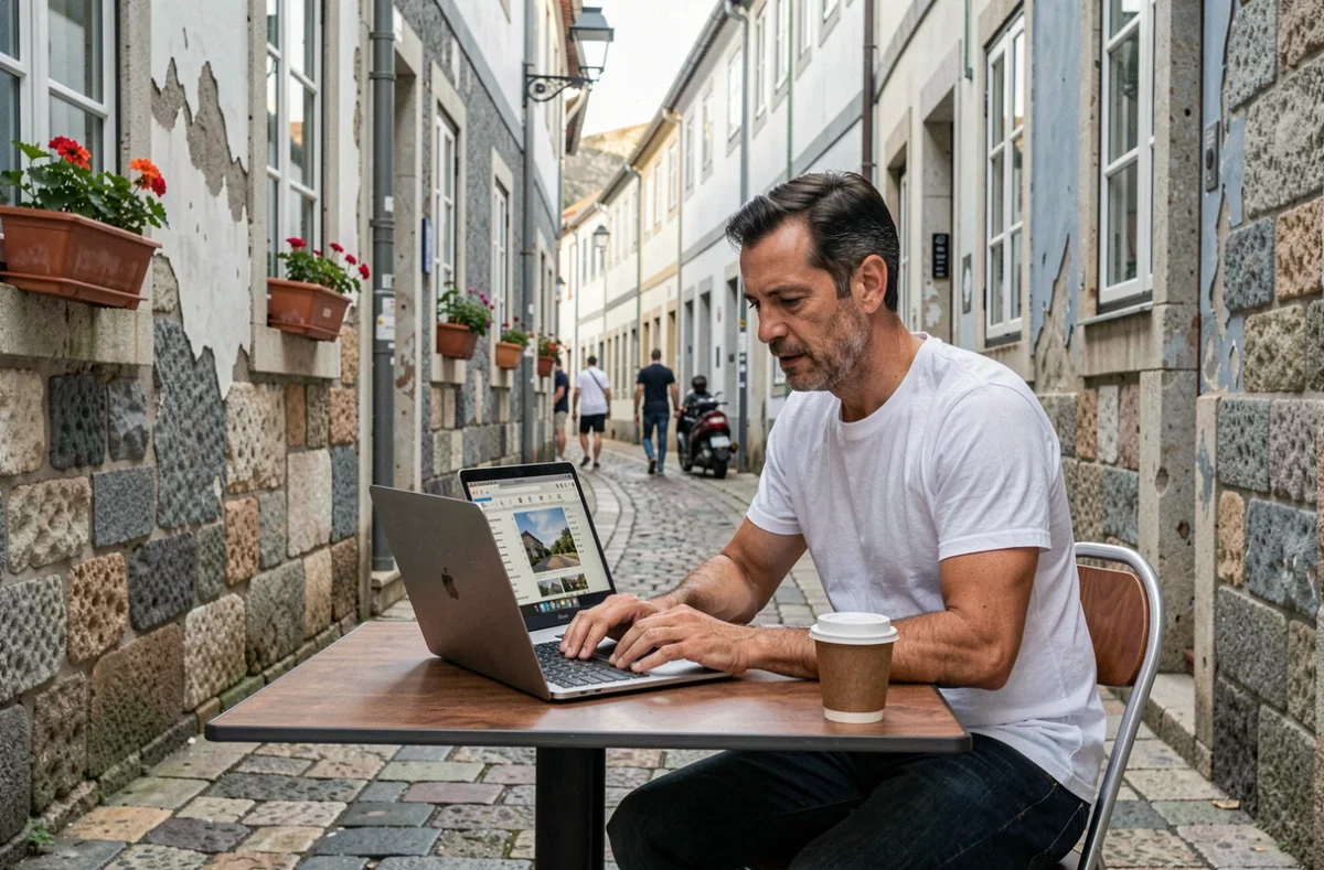 Homme expatrié comparant des résidences longue durée au Portugal sur un ordinateur portable dans une ruelle de Porto