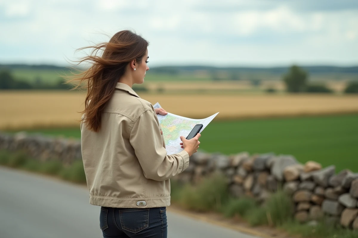 Femme recherchant un terrain agricole à louer en consultant une carte et un smartphone au bord d'un champ