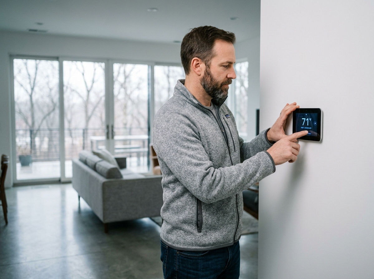 Homme réglant un thermostat connecté pour optimiser le budget de chauffage avec une pompe à chaleur