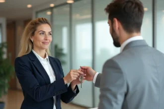 Remise de clés entre agent immobilier et locataire avec signature de document à l'agence