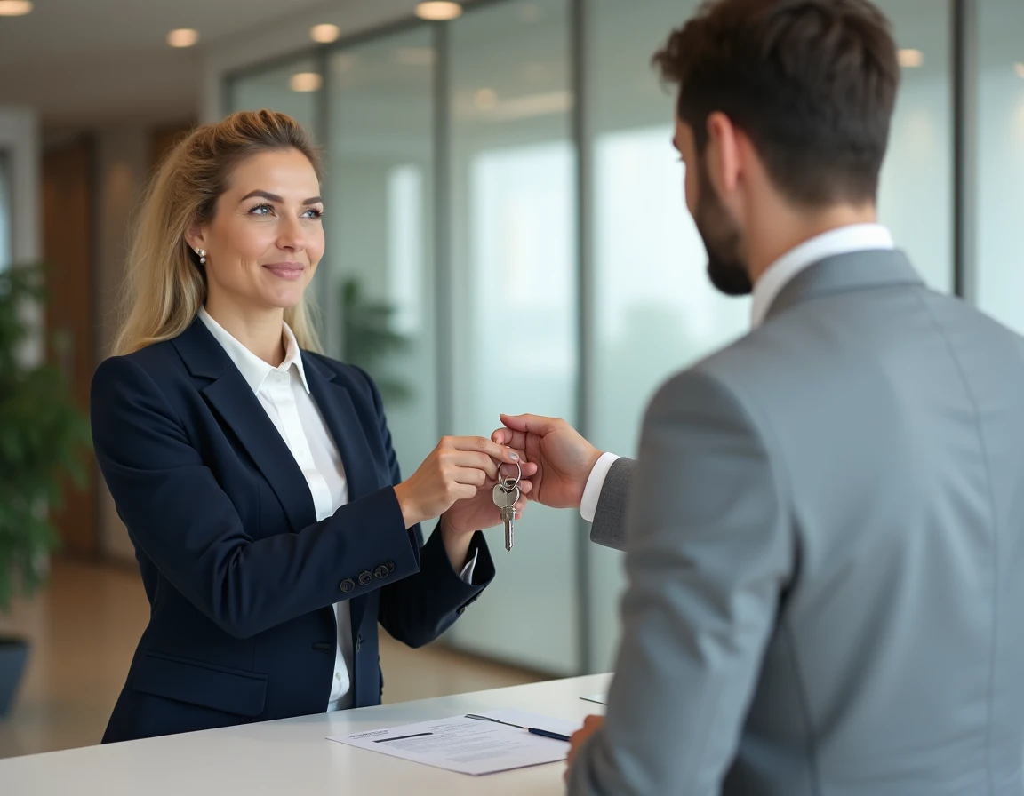 Remise de clés entre agent immobilier et locataire avec signature de document à l'agence