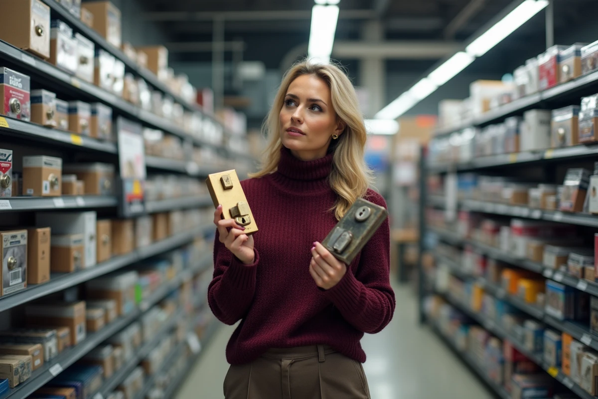 Femme comparant une ancienne serrure usée à un nouveau modèle dans une quincaillerie