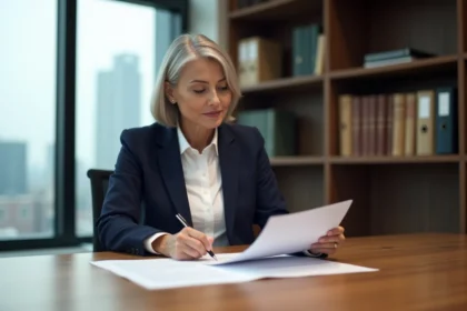 Professionnelle analysant un bail commercial pour renégociation en lien avec l'indice ILAT